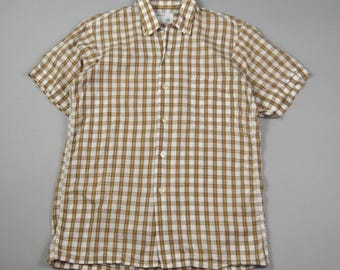 Vintage 1960s White and Brown Check Short Sleeve Loop Collar Shirt by Donegal