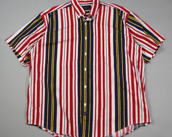 Vintage 1990s Size Large Multi Color Stripe Short Sleeve Button Down Shirt by Arrow