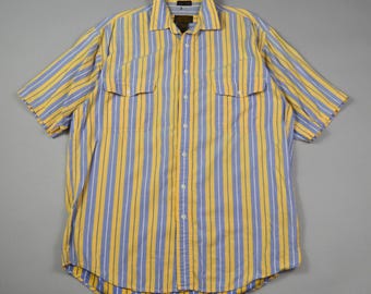 Vintage 1990s Size Large Yellow and Blue Stripe Button Up Shirt by Eddie Bauer