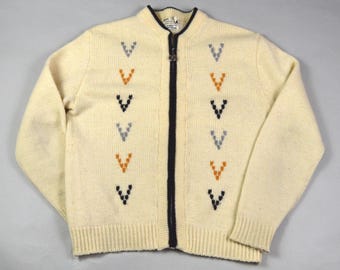 Suéter vintage de Sears, color crema, talla grande, con cremallera frontal, años 60