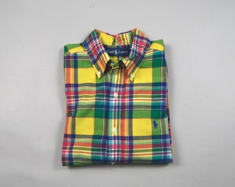 Vintage Yellow plaid Short Sleeve Madras Shirt by Ralph Lauren Size Medium