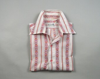 Vintage 1970s White w/Pink Ornate Stripe Short Sleeve Shirt Size Large