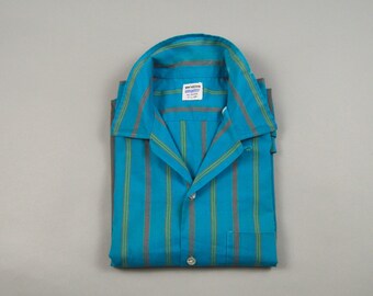 Vintage 1950s/1960s Teal Stripe Short Sleeve Loop Collar Shirt by Van Heusen Size Large