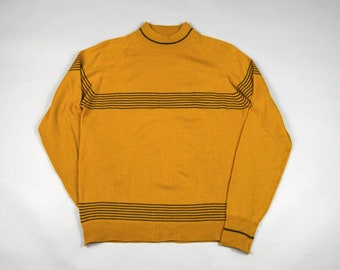 Vintage 1960s Mustard Yellow Stripe Mock Neck Knit Shirt Size Medium