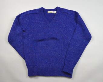 Vintage 1980s Electric Blue Mohair V Neck Sweater Size Medium / Small