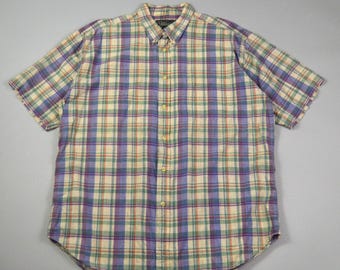 Vintage 1990s Size Large Purple Plaid Short Sleeve Madras Shirt by Croft and Barrow