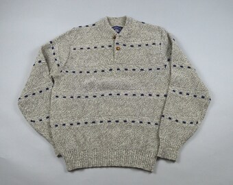 Vintage 1980s Marled Gray w/Tick Stripe Button Neck Sweater Size Medium