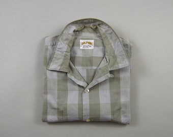 Vintage 1950s Gray and Green Box Check Loop Collar Shirt by Dolphin Size XL