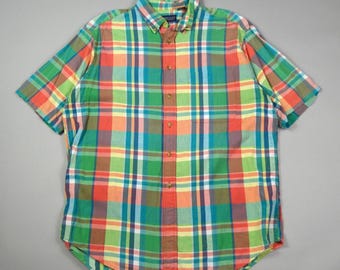 Vintage 190s Size Large Multi Color Plaid Madras Short Sleeve Shirt by Lands' End
