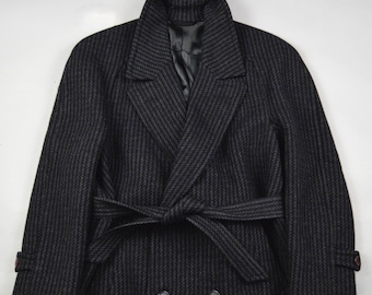 Manteau croisé en tweed noir Eric Salm, vintage années 1980, taille 40S/42S