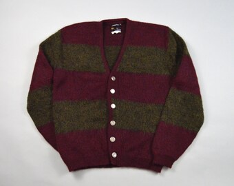 Vintage 1960s Brown and Maroon Block Stripe Mohair Cardigan by Towncraft Size Medium