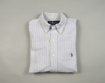 Vintage 1990s White w/Navy Stripe Oxford Button Down Shirt by Ralph Lauren Size 16x33 / Large