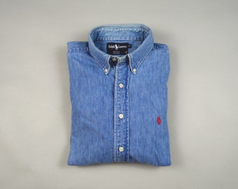 Vintage 1980s Denim Button Down Shirt by Ralph Lauren Size XL