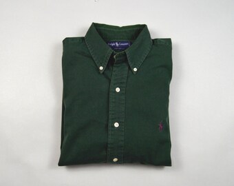 Vintage 1990s Dark Green Twill Button Down Shirt by Ralph Lauren Size Large / XL