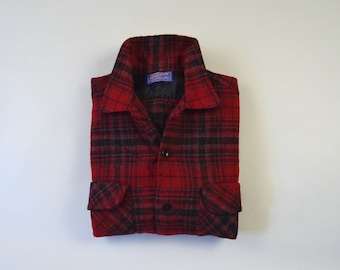 Vintage 1960s Red and Black Plaid Loop Collar Shirt by Pendleton Size Large
