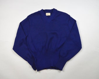 Vintage 1950s Blue V Neck Sweater by Dehen Knitting Co. Size XS