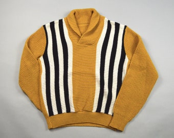 Vintage 1960s Yellow Striped Shawl Collar Sweater Size Small