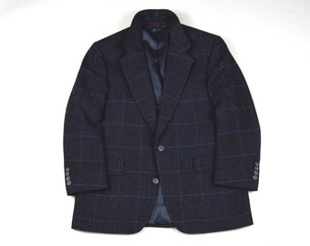 Vintage 1980s Black and Navy Tweed w/Overcheck Sport Coat Size 38S