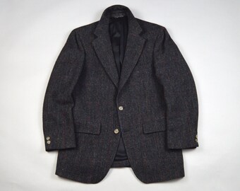 Vintage 1980s Charcoal Overcheck Tweed Sport Coat Size 38