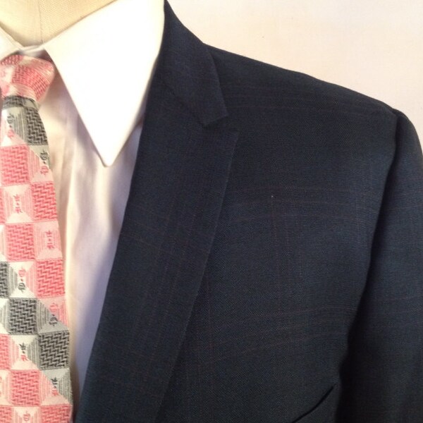 Vintage 50s/60s Navy Blue Sharkskin Suit w/ Red Glen Plaid Made by Eagle Size 40 Jacket 34 Pant