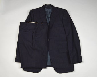 Vintage 1960s Navy Blue Stripe 3 Roll 2 Suit by Richman Brothers Size 38