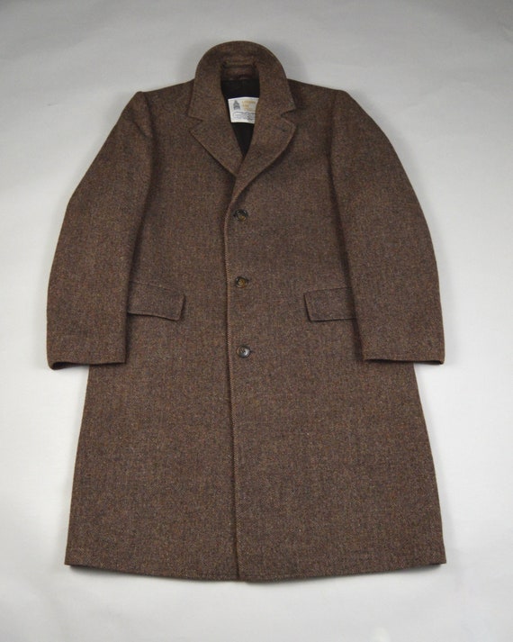 Vintage 1970s/1980s Brown Herringbone Tweed Overc… - image 2