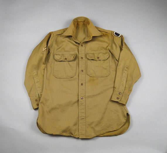 Vintage 1950s Khaki Military Uniform Shirt Size S… - image 2