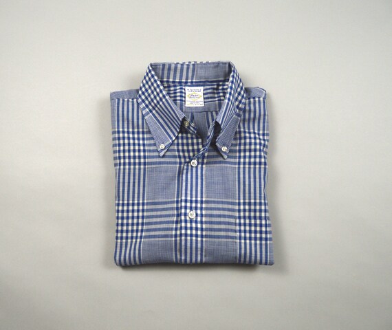 Vintage 1960s Blue Check Button Down Collar Shirt… - image 1
