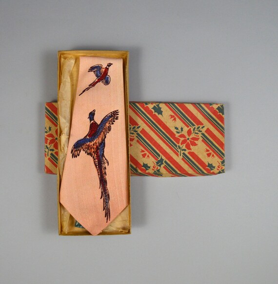 Vintage Deadstock 1940s Hand Painted Pheasant Tie