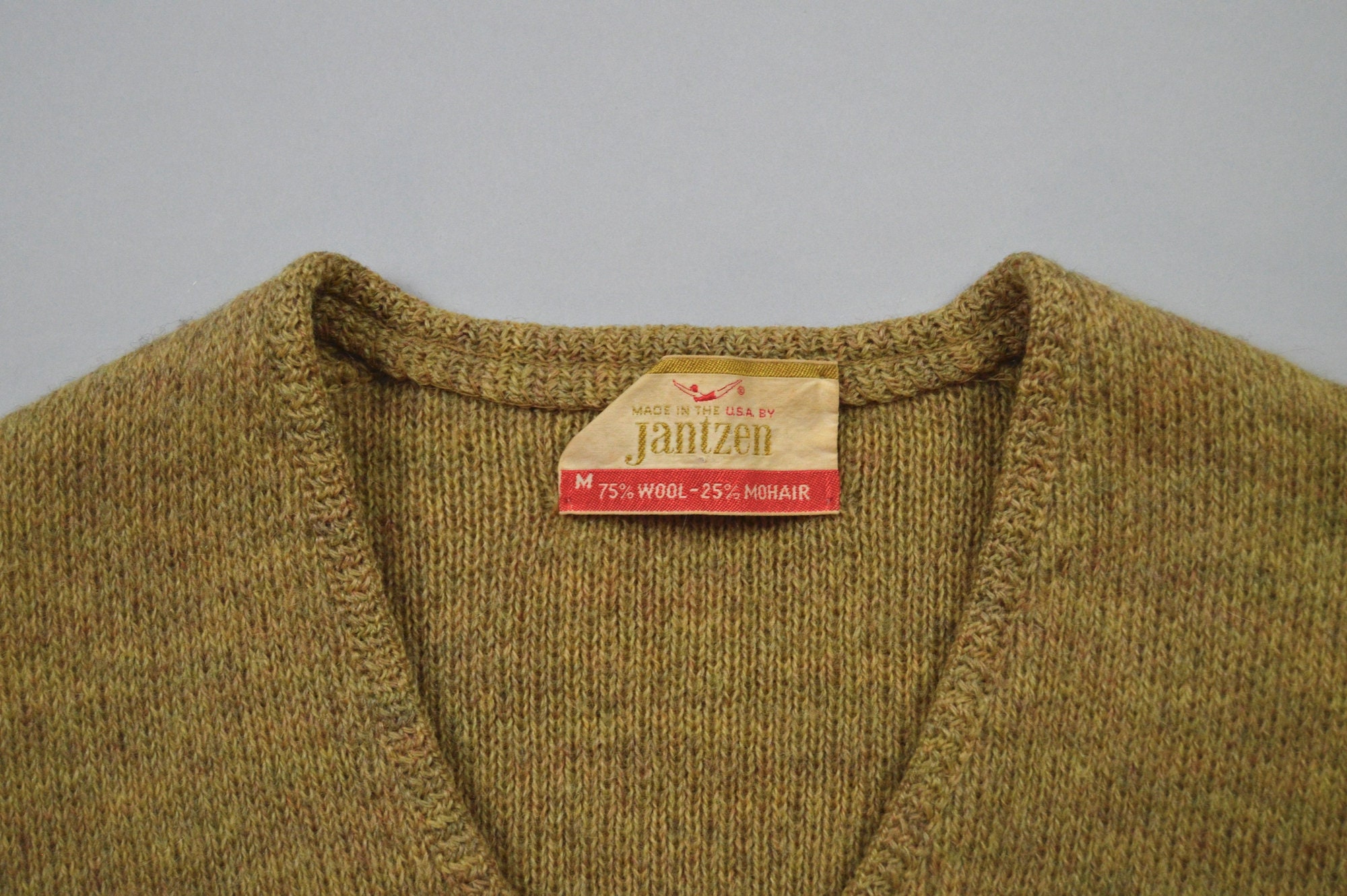 Vintage 1960s Tan W/green Trim Mohair Cardigan by Jantzen Size 