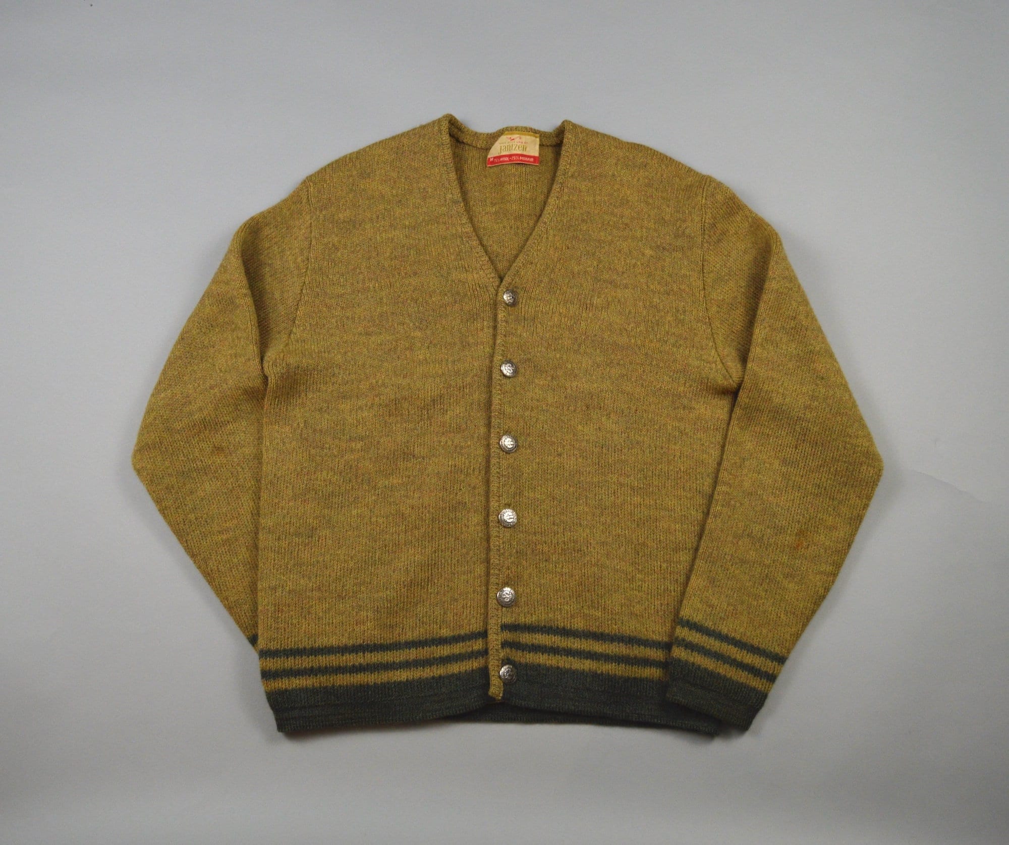 Vintage 1960s Tan W/green Trim Mohair Cardigan by Jantzen Size