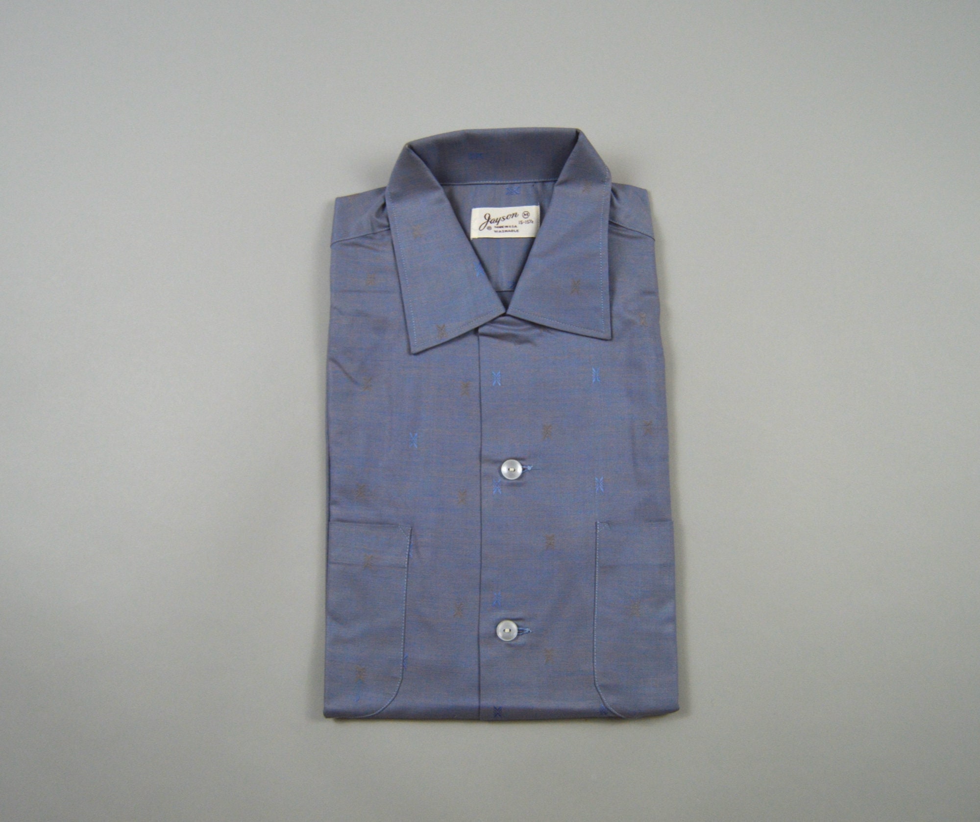 Vintage Deadstock 1950s/1960s Blue Rayon Loop Collar Shirt by 