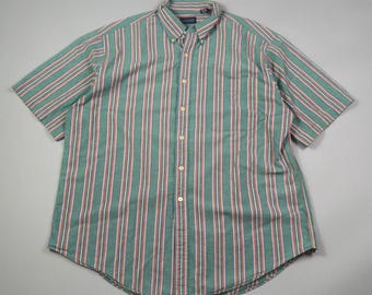 Vintage 1990s Size XL Green Stripe Seersucker Short Sleeve Shirt by Lands' End