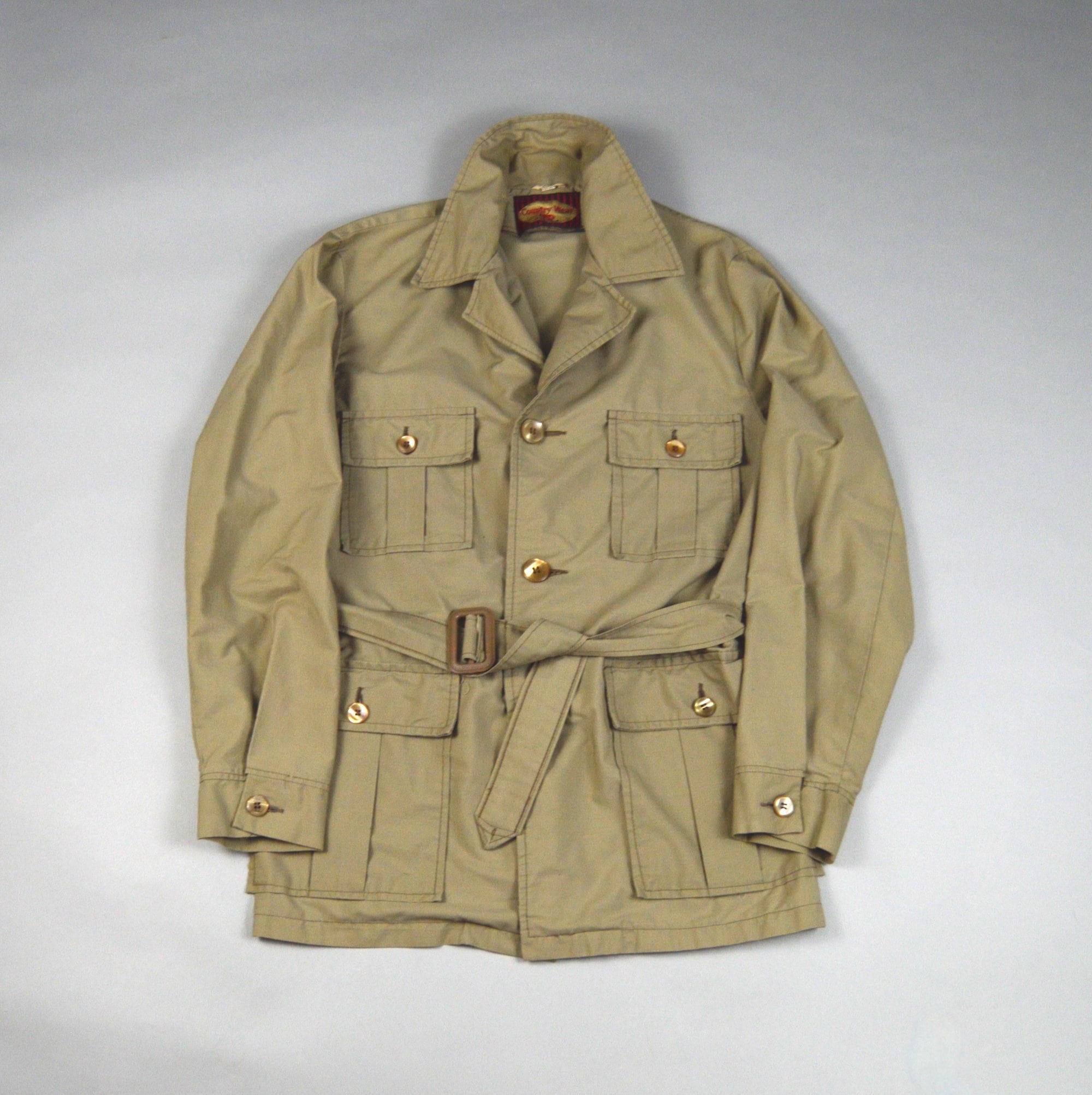 Vintage Khaki Belted Safari Jacket by Country Wear Size Large  