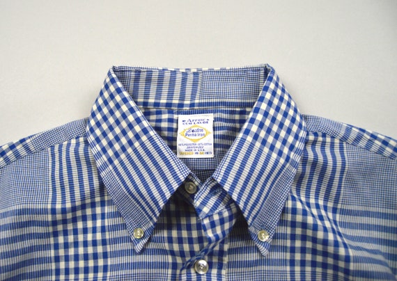 Vintage 1960s Blue Check Button Down Collar Shirt… - image 5