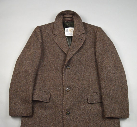 Vintage 1970s/1980s Brown Herringbone Tweed Overc… - image 1