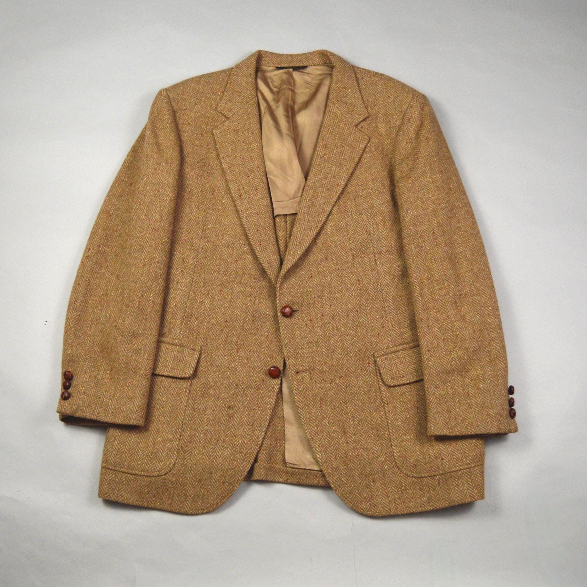 80s Vintage　Herringbone Tweed Coat Vintage 1970s/1980s Size 42/44 Tan Herringbone Tweed Sport Coat - Etsy