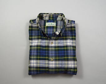 Chemise Oxford vintage des années 1990, taille moyenne, bleu marine et vert, motif tartan Gordon, par L.L. Bean