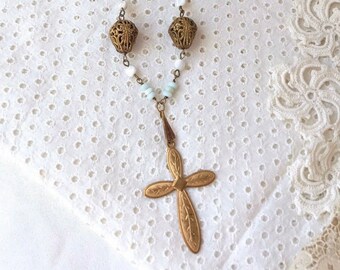 Vintage Cross Necklace with Gemstones, Cross Necklace, Delicate Jewelry, Gifts for her, Assemblage Necklace, ForevermoreJewels