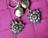Vintage Assemblage Earrings, Vintage Rhinestone Earrings,Coin Pearls, Heart Earrings, Romantic Gifts, Forevermore Jewels