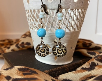 Leopard Print and Peruvian Opal Earrings, Gemstone Earrings, Dangle Earrings, Gifts for her, Forevermore Jewels