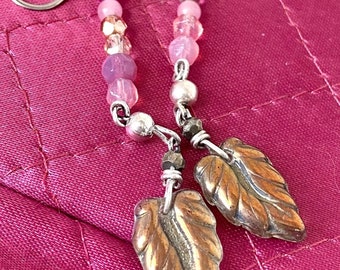 Pink mirrored leaf earrings, Beaded Glass leaf dangle earrings,Mothers Day Gifts, Vintage assemblage earrings, Forevermore Jewels