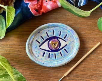 Evil eye incense dish, ring dish, ceramic jewelry tray, ceramic evil eye ring holder, boho decor, air plant holder, blue eye, aura ceramics