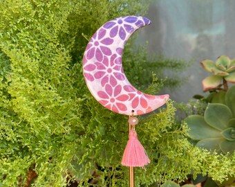 Floral plant stakes, ceramic crescent moon, crescent moon plant stakes, garden stakes, plant decorations, ceramic plant stakes,