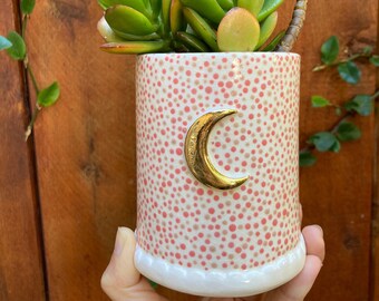 Ceramic moon pot. Polka dotted pot, unique pots, handmade ceramic pots, moon planters, golden moon pot