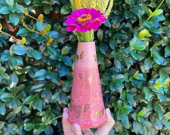 Butterfly vase. ceramic vase, handmade ceramic vase, golden butterfly, flower vase, pink vase