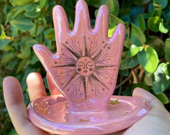 Aura ceramic hand, Hand trinket dish, ring dish, ceramic jewelry tray, ceramic incense holder, boho decor, air plant holder, jewelry dish