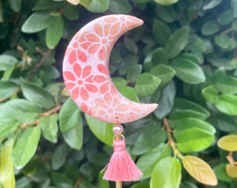 ceramic moon plant stakes, pink moon ceramic charm, zodiac decor, garden stakes, house plant decorations, gardening stakes, indoor plants