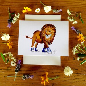 Greeting gard, lion card, blue converse, lion birthday card, congratulations, greeting cards, lion wearing converse, high tops, zoo animals image 1