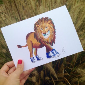 Greeting gard, lion card, blue converse, lion birthday card, congratulations, greeting cards, lion wearing converse, high tops, zoo animals image 2
